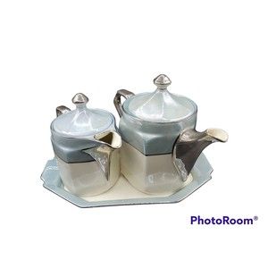 Vintage Beyer & Boch Ceramic Tea Pot Creamer Set W/ Tray Blue Silver Iridescent